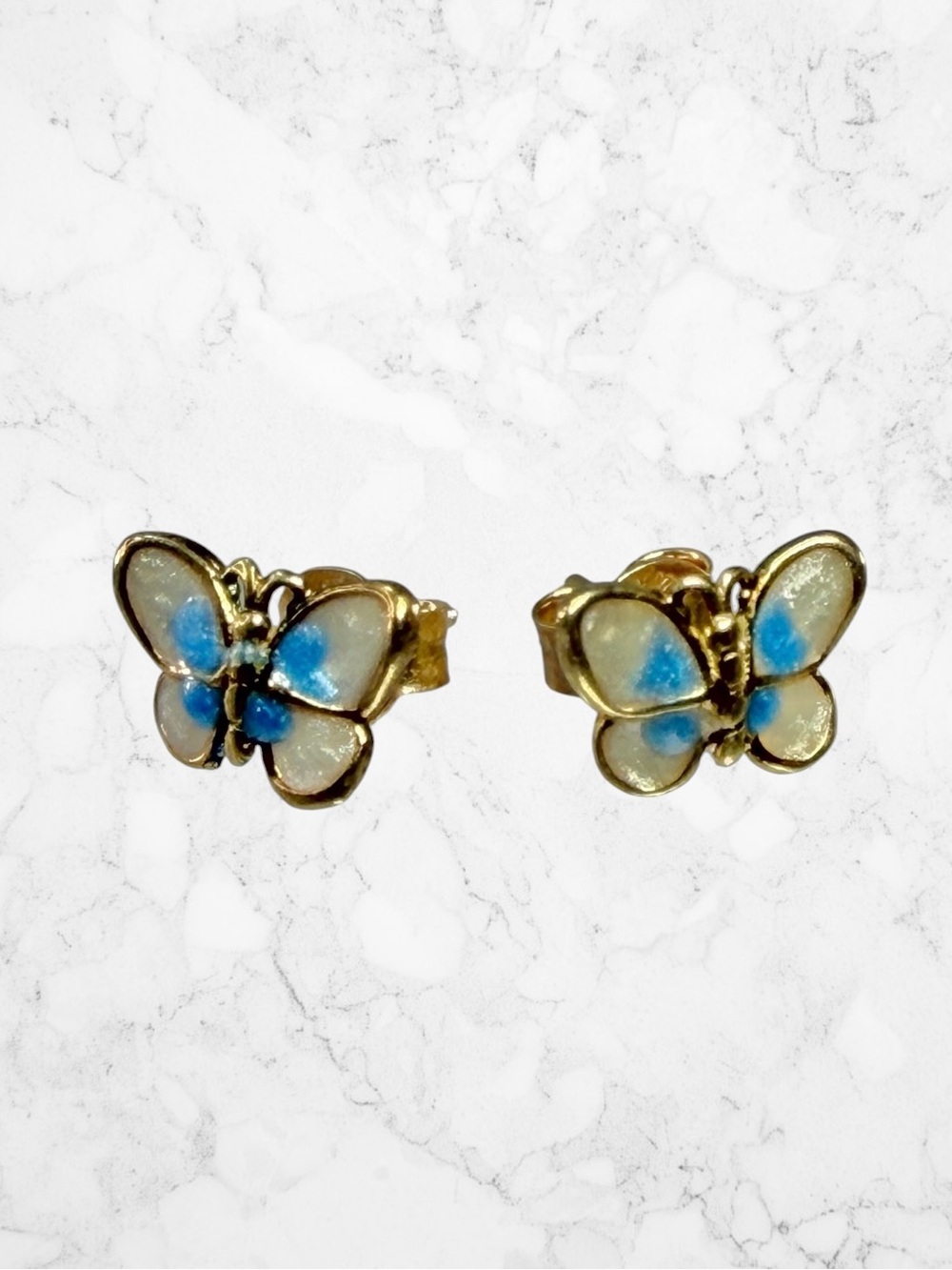 Dyadema Italy Gold Vermeil Butterfly Earrings Stud White Blue Shimmer Sparkle